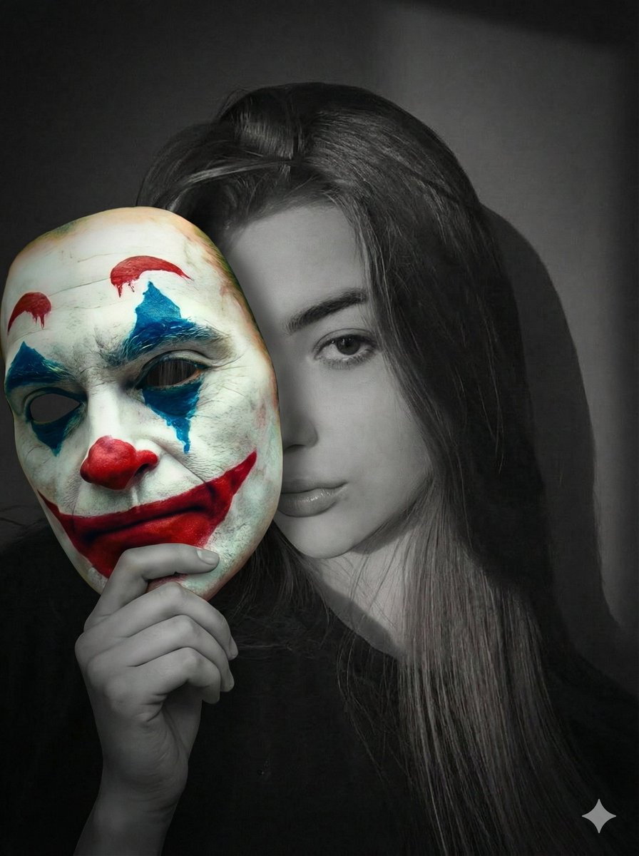 Cinematic Portrait Prompt: Grayscale Subject with Colorful Joker Mask — Nano Banana Pro AI Generated Image
