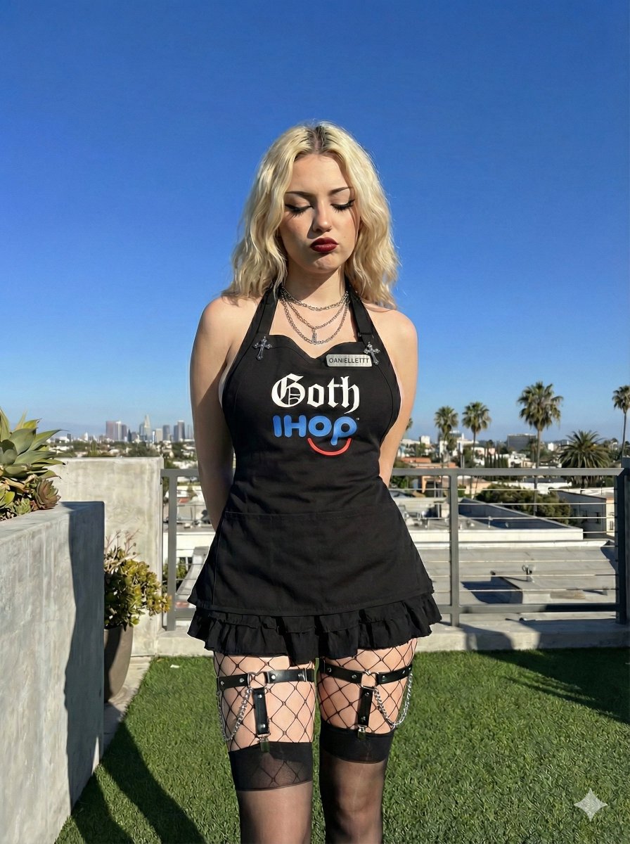 Goth IHOP Waitress Prompt: Rooftop Terrace Scene — Nano Banana Pro AI Generated Image