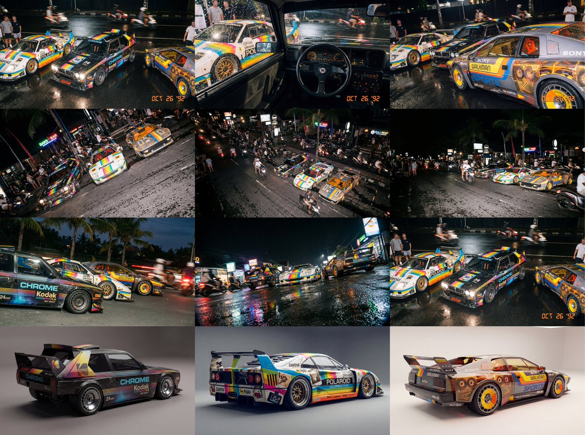 Composite Racing Car Shot with Vintage Film Branding — Nano Banana Pro AI Generated Image