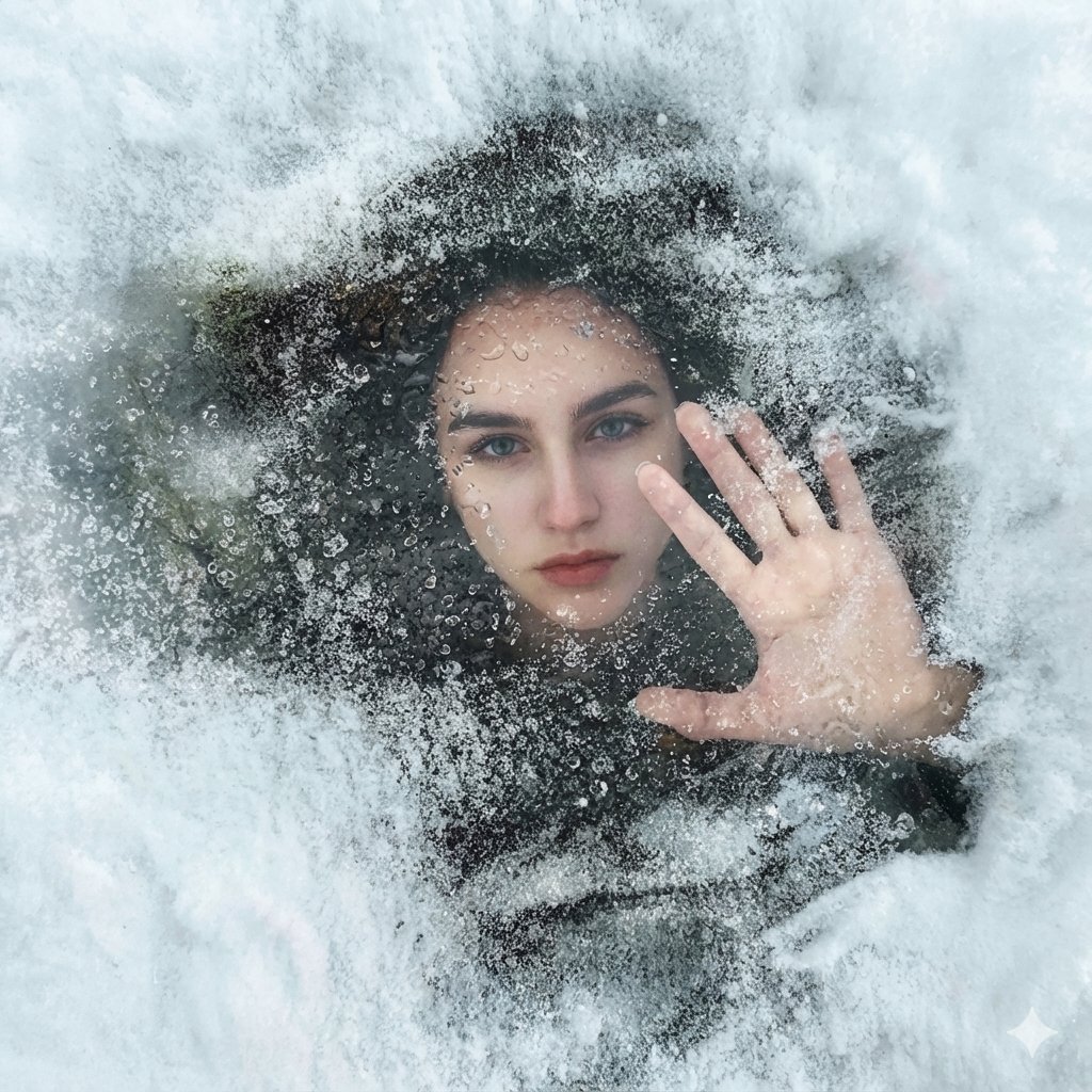 Surreal Conceptual Portrait Submerged Under Ice (JSON Format) — Nano Banana Pro AI Generated Image