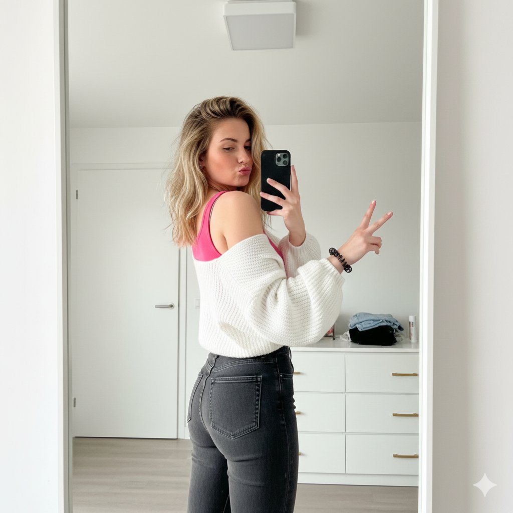 Playful Mirror Selfie with Peace Sign — Nano Banana Pro AI Generated Image