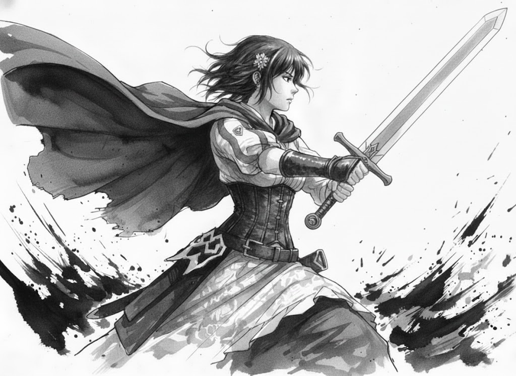 Ink painting style Abé-chan with a sword — Nano Banana Pro AI Generated Image