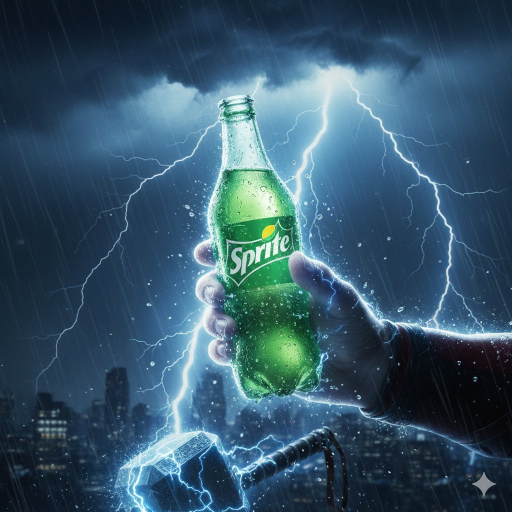 Thor Holding Sprite Bottle Prompt — Nano Banana Pro AI Generated Image
