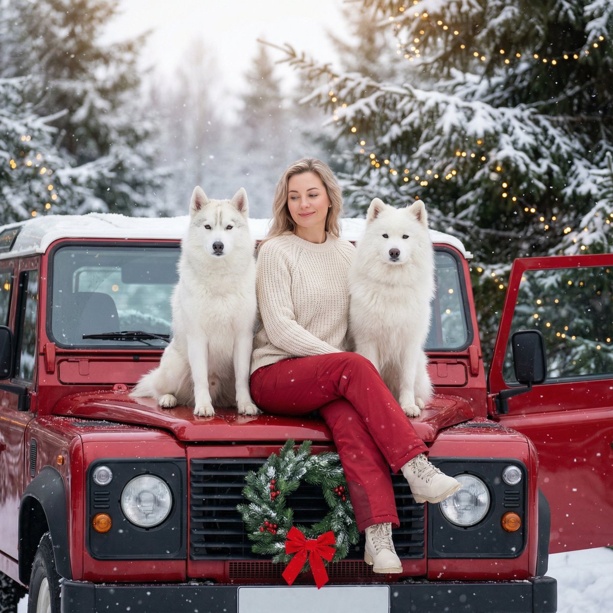 Winter Christmas Photoshoot with Huskies — Nano Banana Pro AI Generated Image