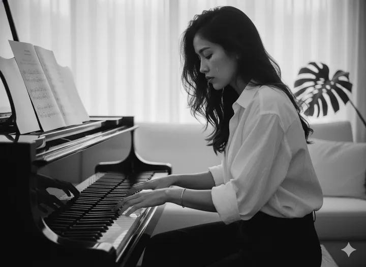 Cinematic Black and White Piano Scene — Nano Banana Pro AI Generated Image
