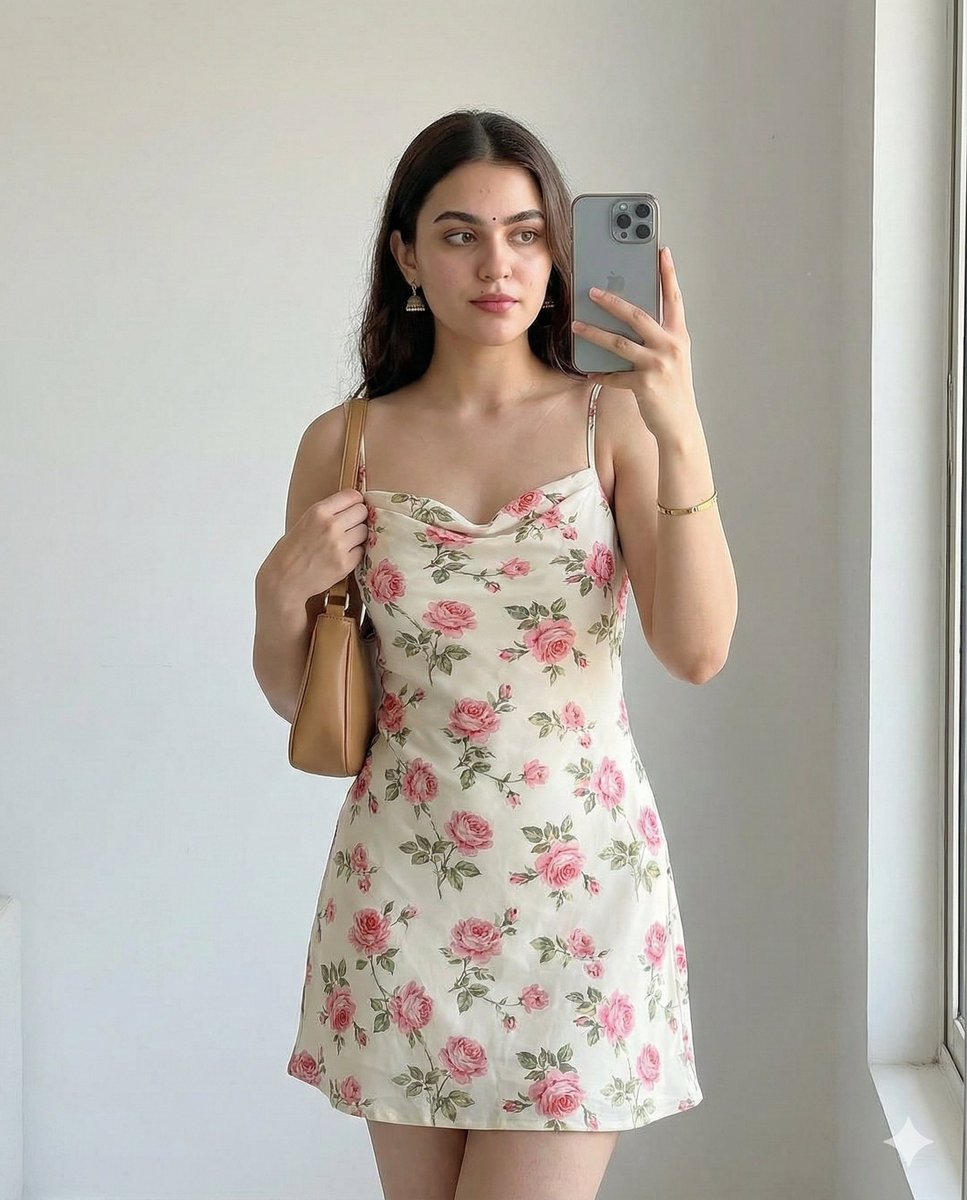 Romantic Floral Dress Mirror Selfie — Nano Banana Pro AI Generated Image