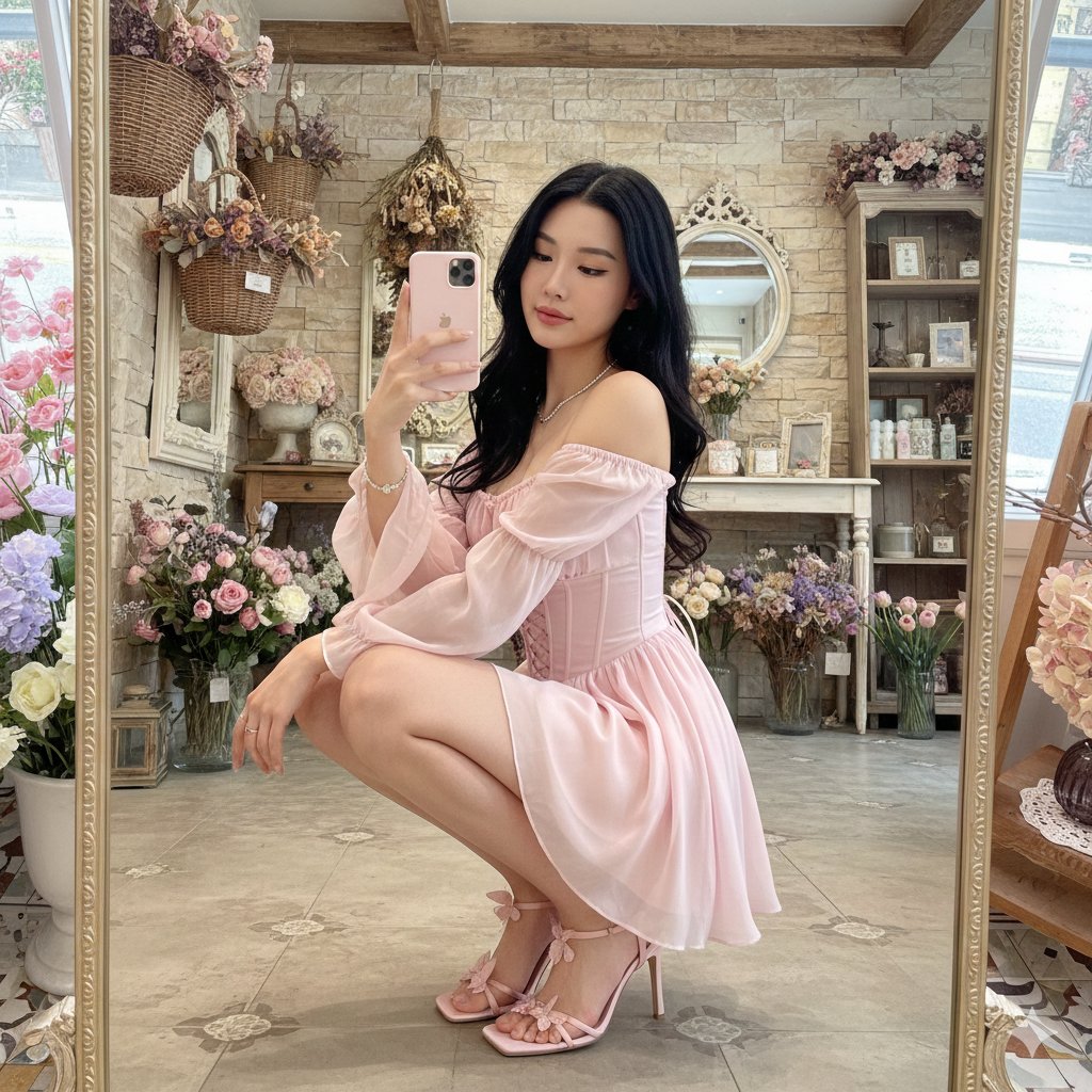 Fairy-Core Mirror Selfie in Floral Cafe (Structured) — Nano Banana Pro AI Generated Image