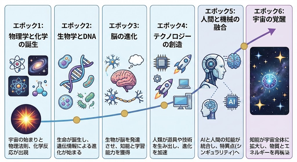 Illustration explaining Kurzweil’s six epochs in Japanese — Nano Banana Pro AI Generated Image