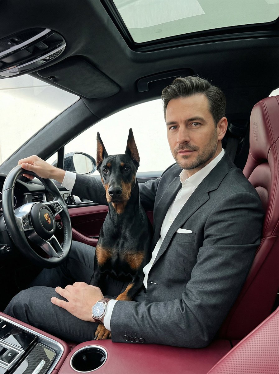 Luxury Car Portrait with Doberman — Nano Banana Pro AI Generated Image