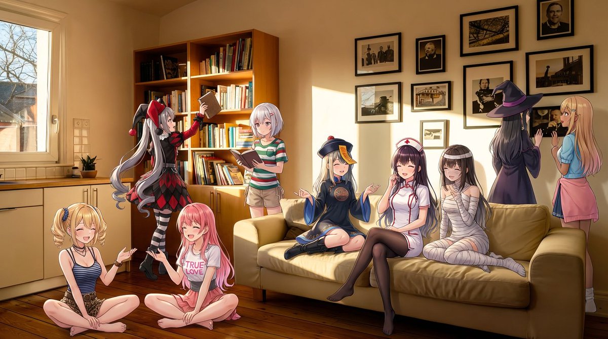 Nine-character group scene in living room background — Nano Banana Pro AI Generated Image