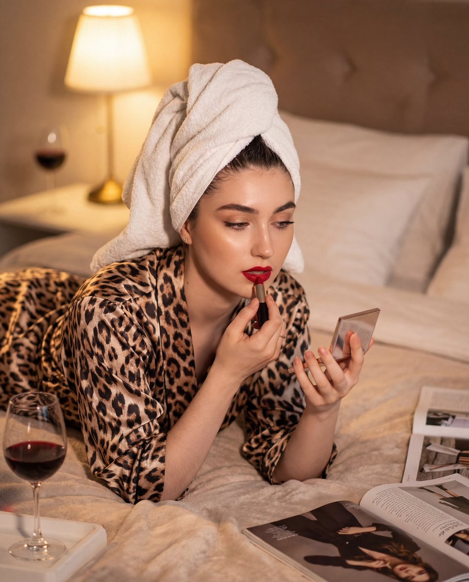 Cinematic Glamour Portrait Applying Lipstick — Nano Banana Pro AI Generated Image