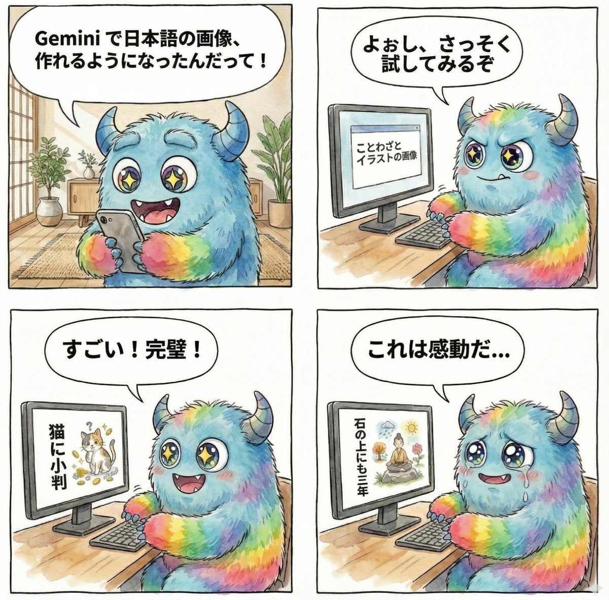 4-panel manga about Gemini generating Japanese text images — Nano Banana Pro AI Generated Image