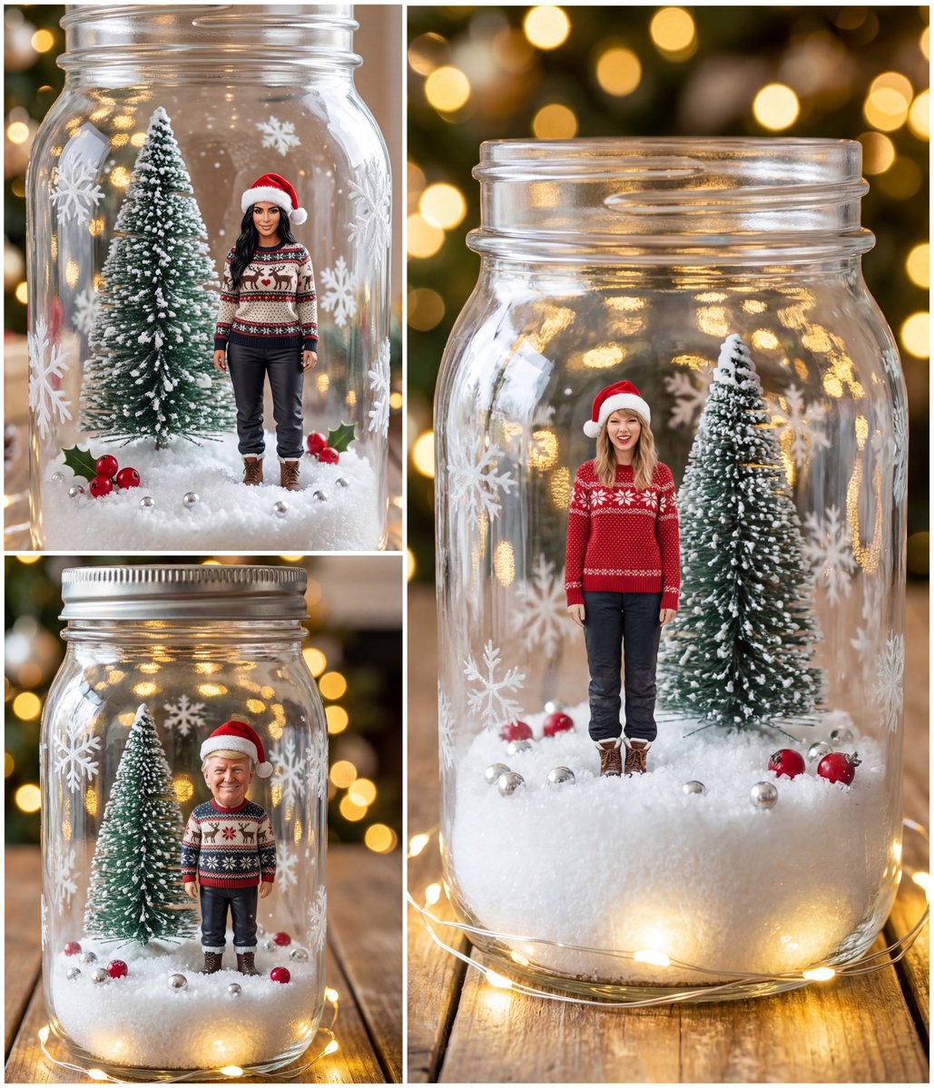 Tiny Christmas Character Trapped in a Mason Jar Snow Globe — Nano Banana Pro AI Generated Image