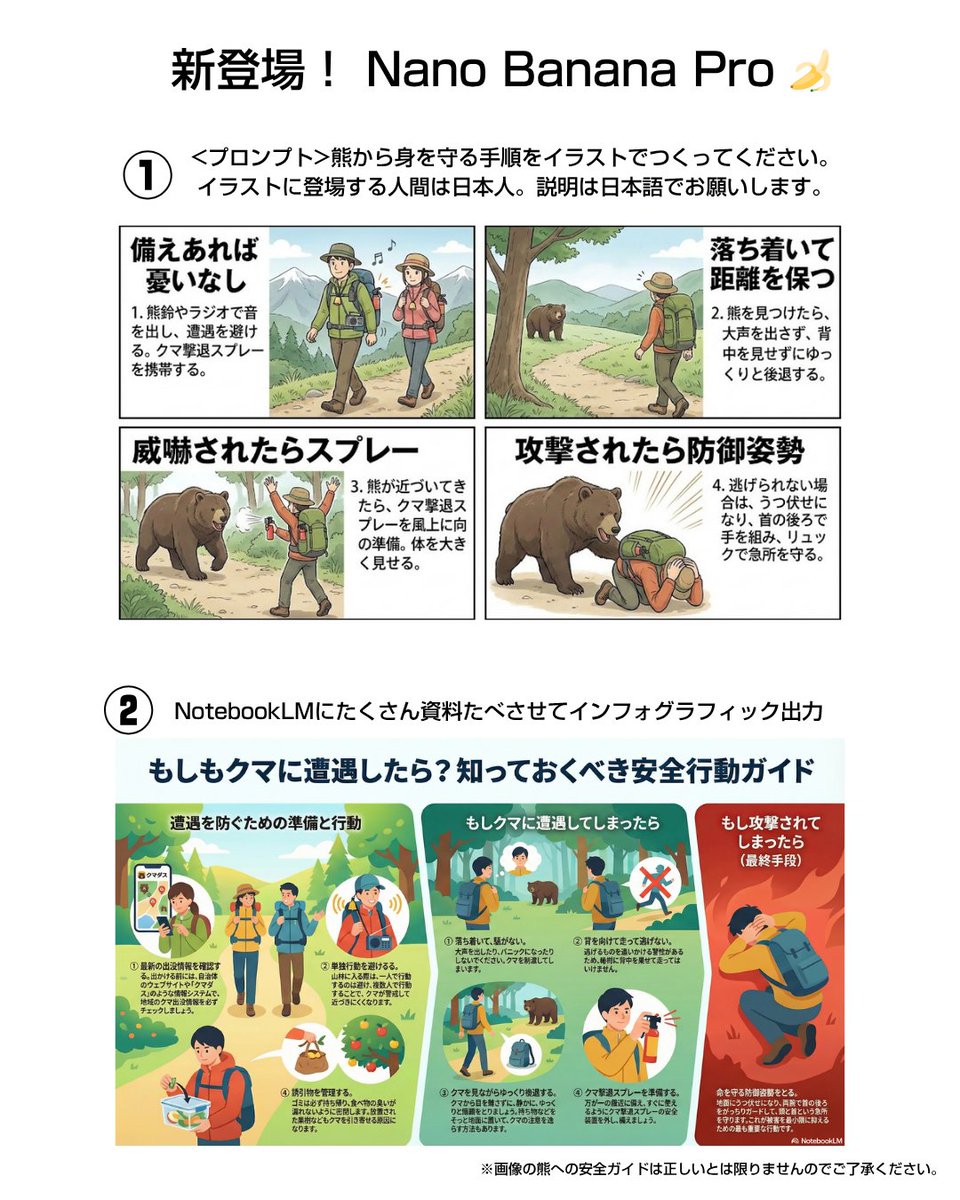 Bear safety instruction illustration in Japanese — Nano Banana Pro AI Generated Image
