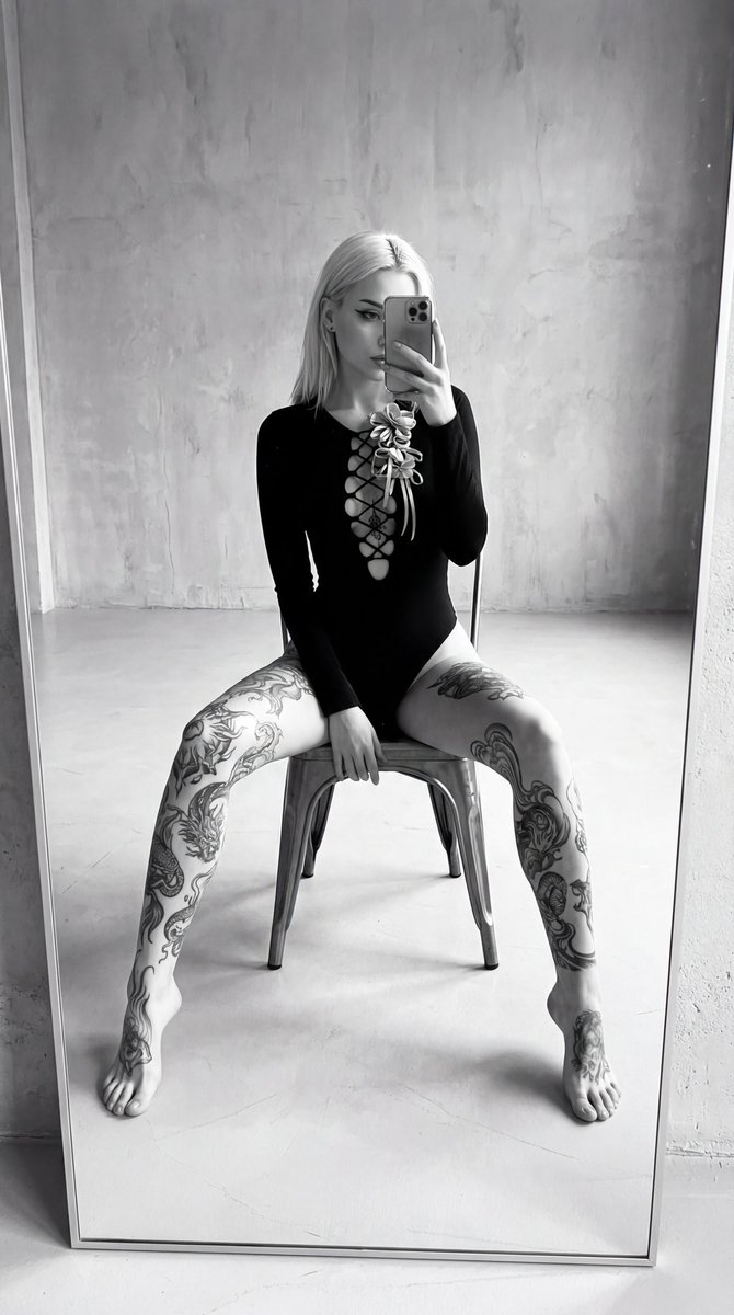 High-Contrast Black and White Tattooed Mirror Selfie — Nano Banana Pro AI Generated Image