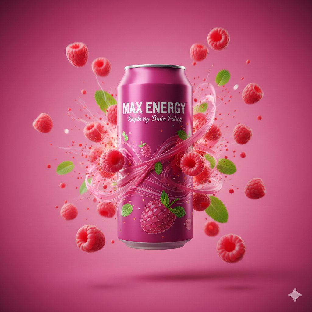 Cinematic Raspberry Energy Drink Ad Shot Prompt — Nano Banana Pro AI Generated Image