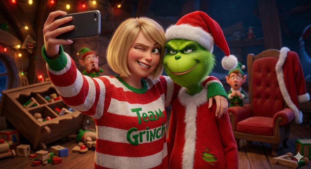 Grinch and Woman Selfie in North Pole Workshop — Nano Banana Pro AI Generated Image
