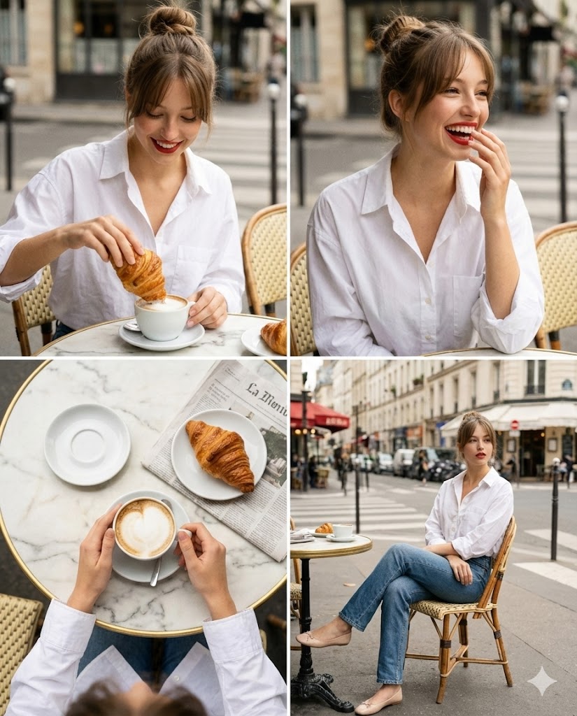 Parisian Cafe Multi-Panel Grid for Identity Preservation — Nano Banana Pro AI Generated Image