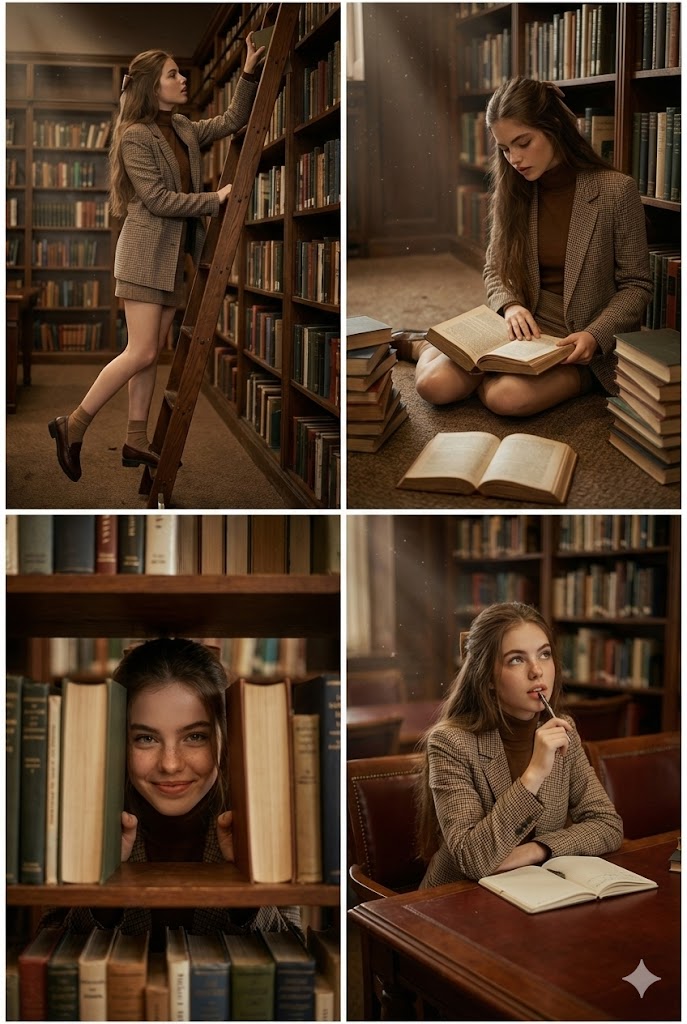 Dark Academia Library Multi-Panel Grid for Identity Preservation — Nano Banana Pro AI Generated Image