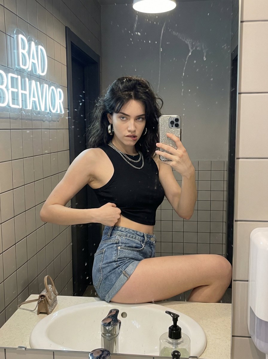 Chaotic Confident Café Bathroom Mirror Selfie — Nano Banana Pro AI Generated Image