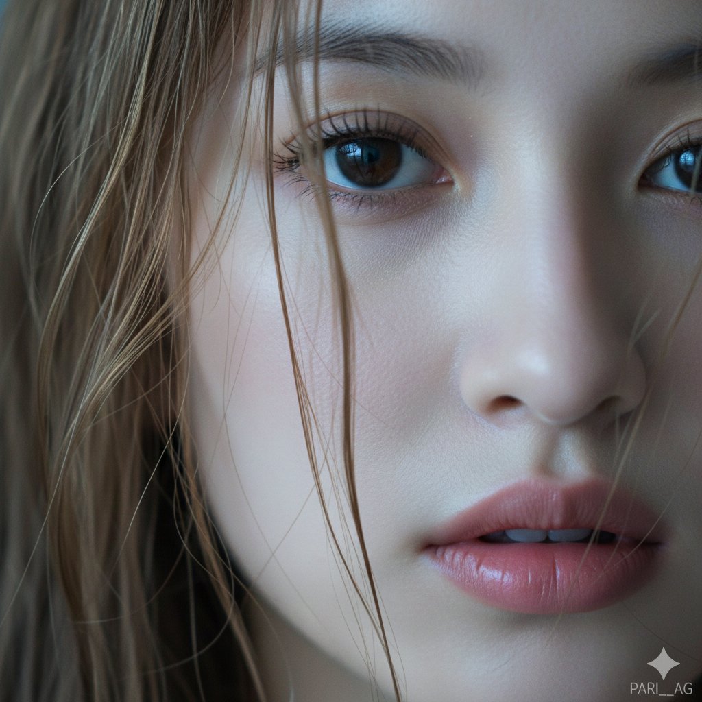 Macro Portrait with Wet Hair and Cinematic Blue Tones — Nano Banana Pro AI Generated Image