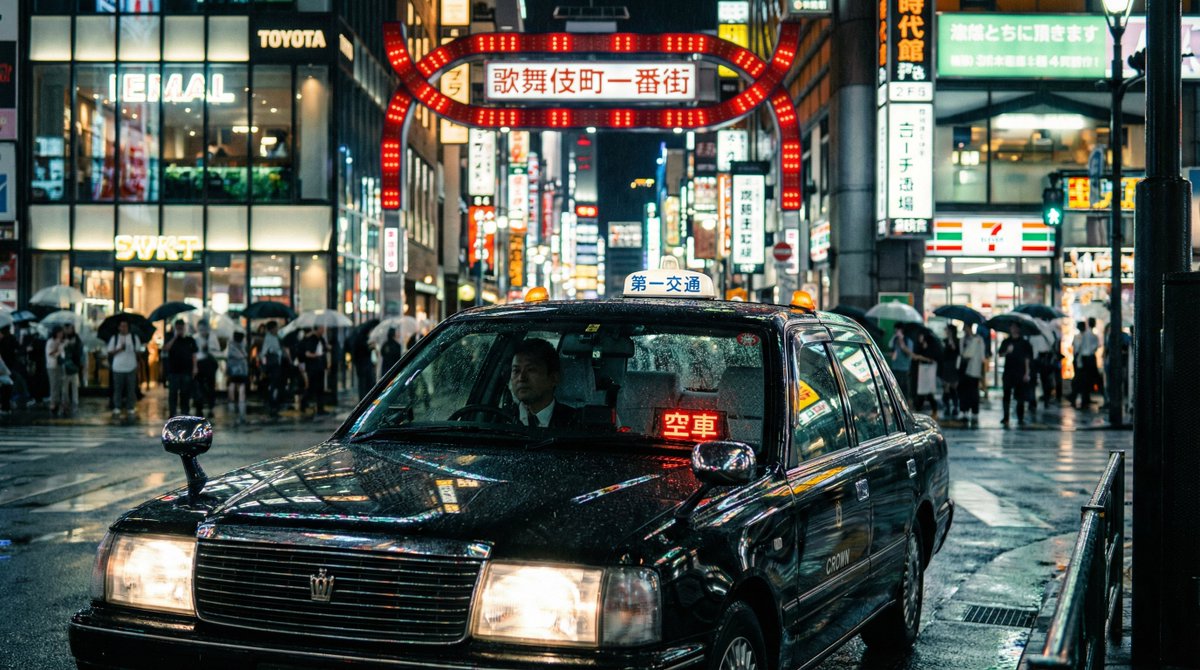 Cinematic taxi in rainy Kabukicho at night — Nano Banana Pro AI Generated Image