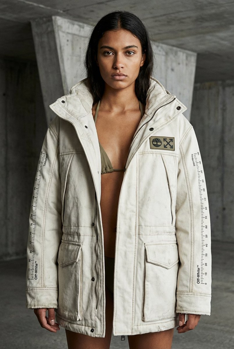 Off-White × Timberland Industrial Work Alpine Parka Editorial Prompt — Nano Banana Pro AI Generated Image