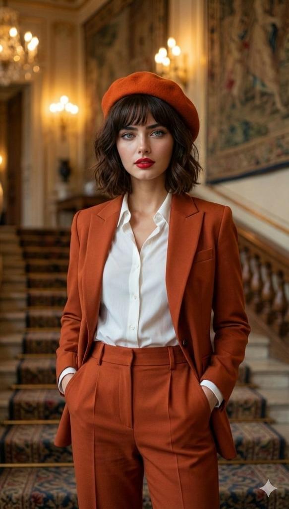 Luxury Fashion Portrait in Burnt Orange Suit — Nano Banana Pro AI Generated Image