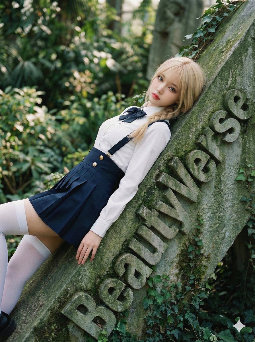 High-Fashion Garden Editorial with Tilted Stele Effect — Nano Banana Pro AI Generated Image