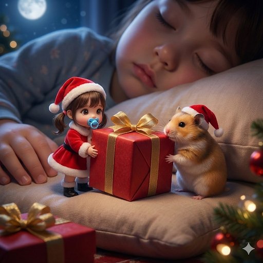 Tiny Santa Placing Present Prompt — Nano Banana Pro AI Generated Image