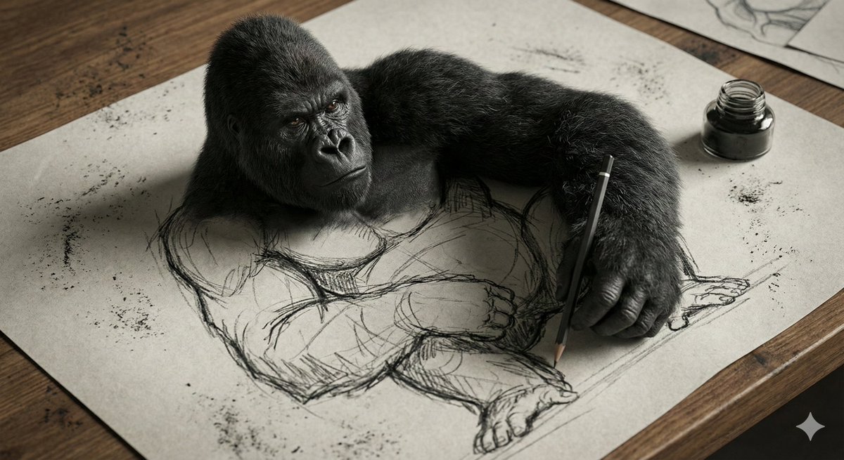 3D Gorilla Emerging from 2D Charcoal Sketch — Nano Banana Pro AI Generated Image