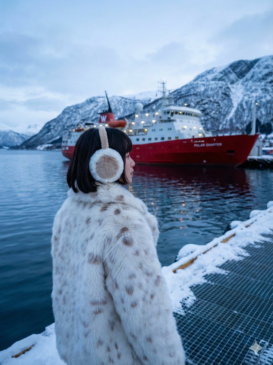 Moody Cinematic Travel Photo in Snowy Harbor — Nano Banana Pro AI Generated Image