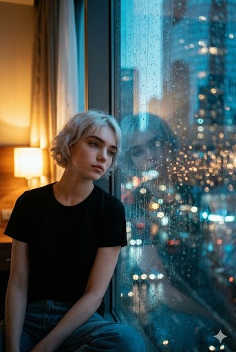 Introspective Cinematic Portrait at a Rainy Window — Nano Banana Pro AI Generated Image