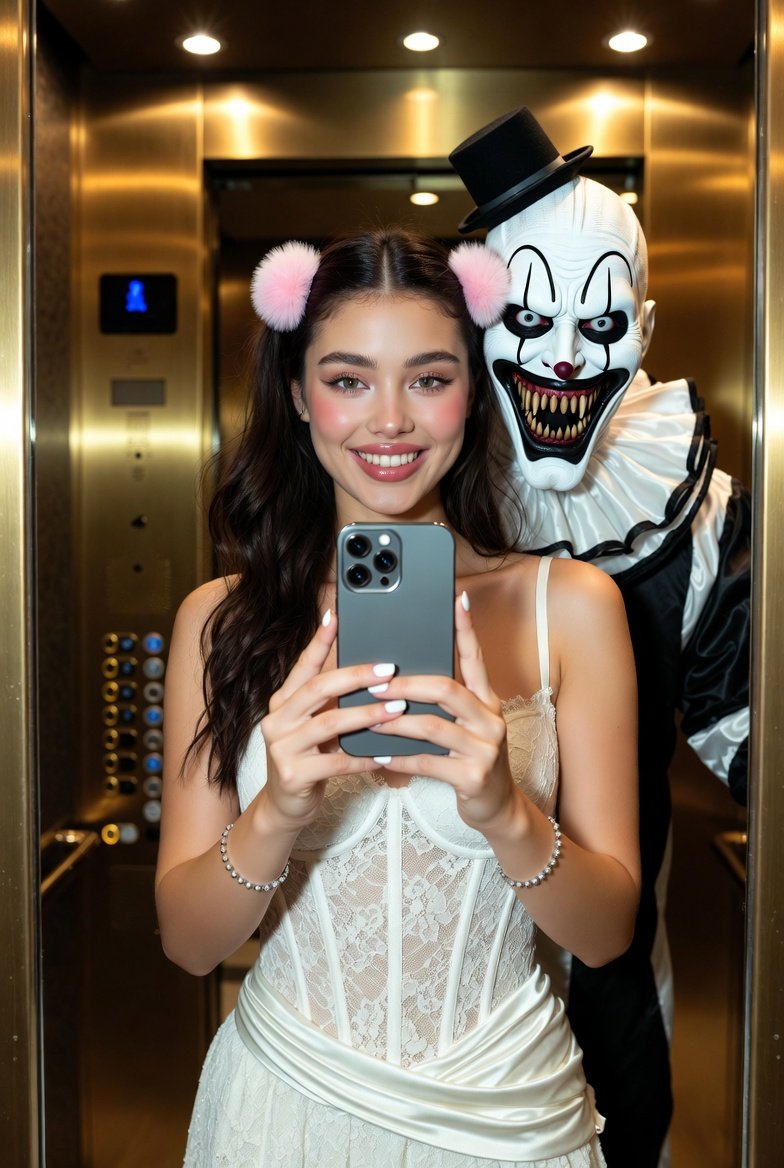 Horror Juxtaposition Selfie with Art the Clown — Nano Banana Pro AI Generated Image