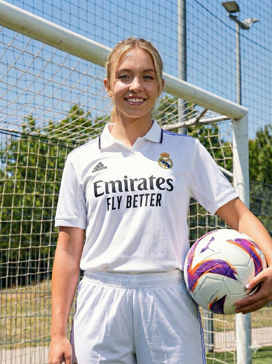 Sydney Sweeney Lookalike in Real Madrid Kit — Nano Banana Pro AI Generated Image