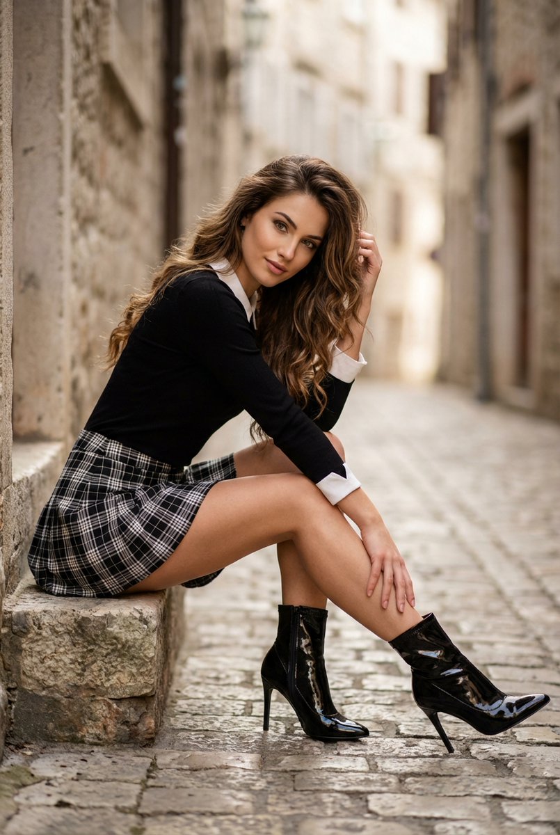 High-Fashion Preppy Look in Cobblestone Alley — Nano Banana Pro AI Generated Image