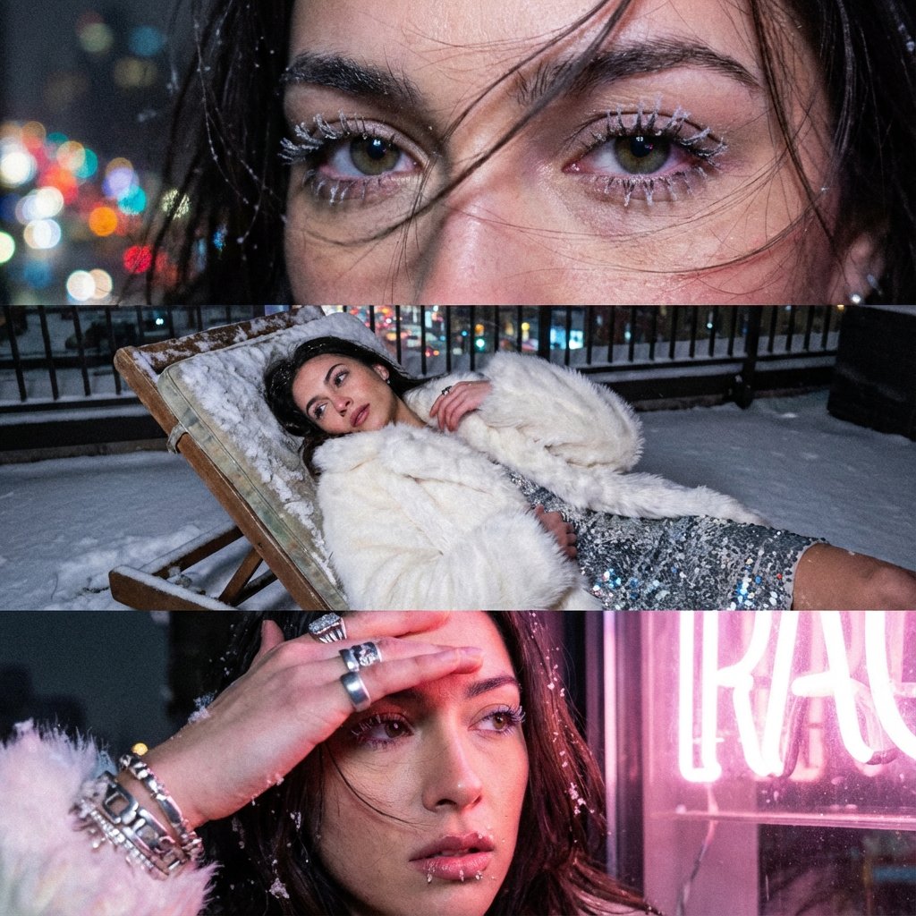 Structured rooftop winter portrait (JSON) — Nano Banana Pro AI Generated Image