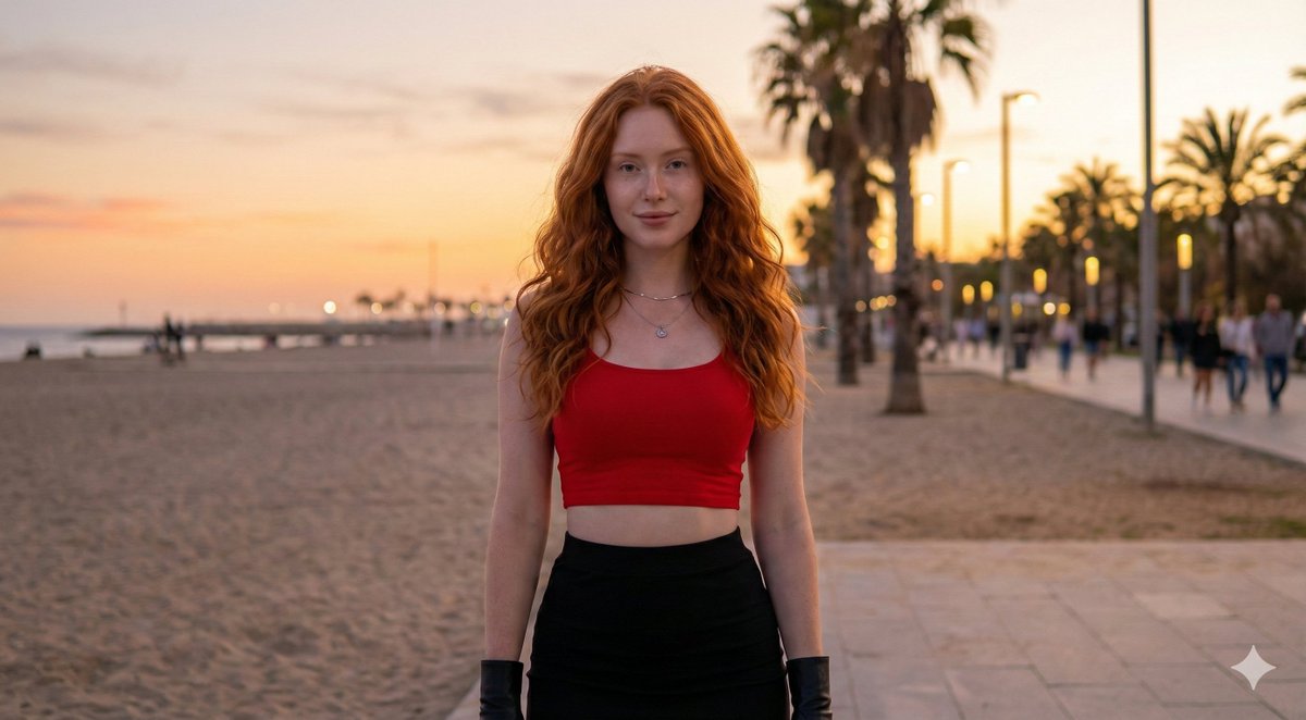 Cinematic Fashion Portrait of a Young Woman at Sunset Beach — Nano Banana Pro AI Generated Image