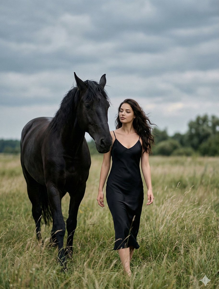 Cinematic Photorealistic Scene of Woman and Black Horse — Nano Banana Pro AI Generated Image