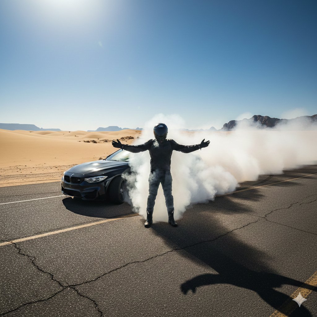 Cinematic Desert Drifting Scene with Batman-like Figure — Nano Banana Pro AI Generated Image