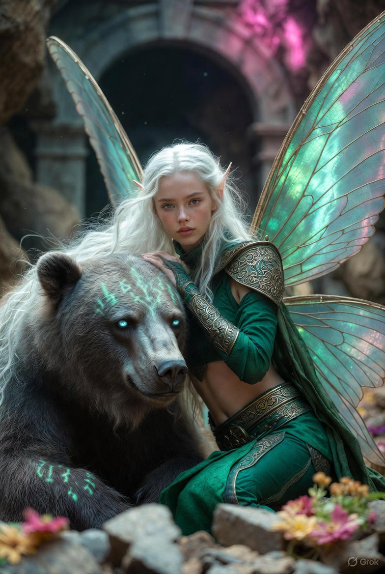 Photorealistic Fantasy Scene: Fairy and Muscular Bear in Cavern — Nano Banana Pro AI Generated Image