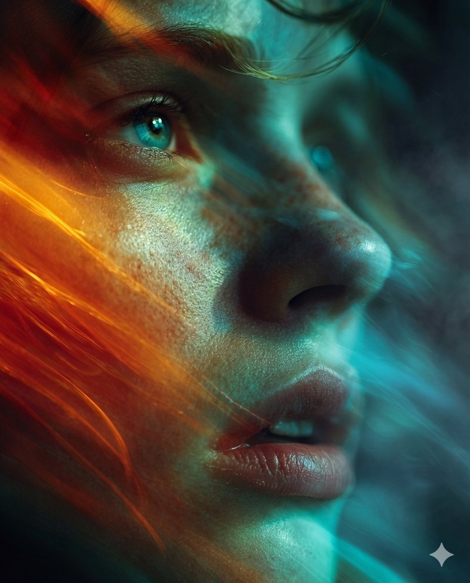 Cyber-Cinematic Split Lighting Portrait Prompt — Nano Banana Pro AI Generated Image