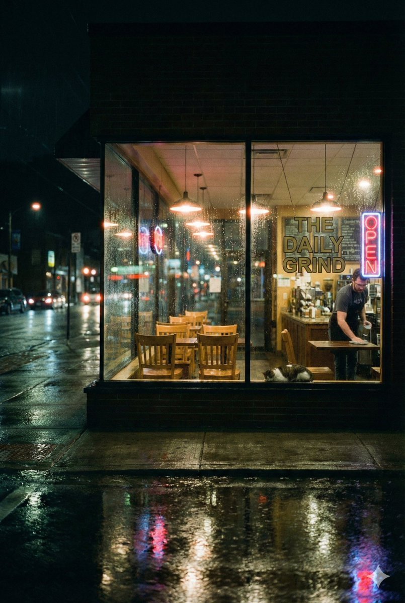 Cinematic Rainy Night Café Scene Prompt — Nano Banana Pro AI Generated Image