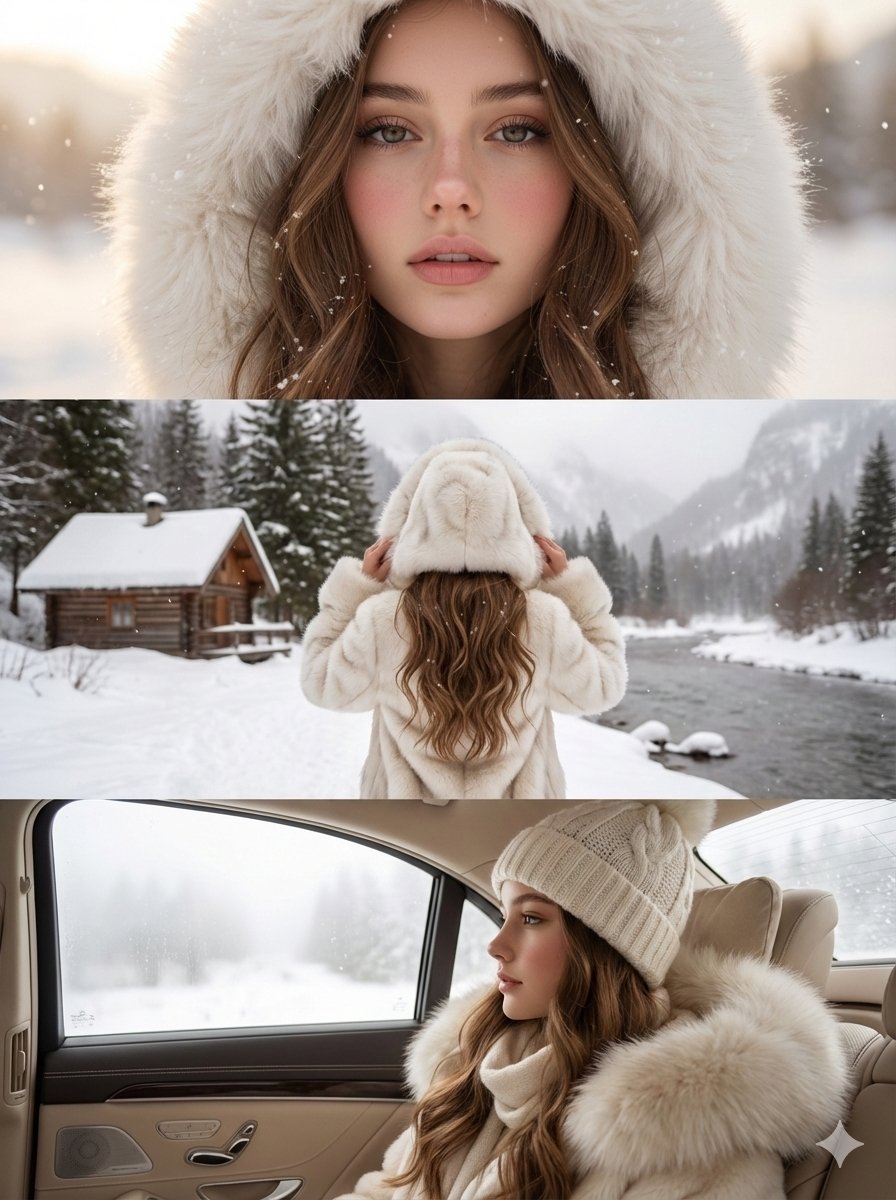 High-Quality Vertical Collage of a Young Woman in Luxury Winter Style — Nano Banana Pro AI Generated Image
