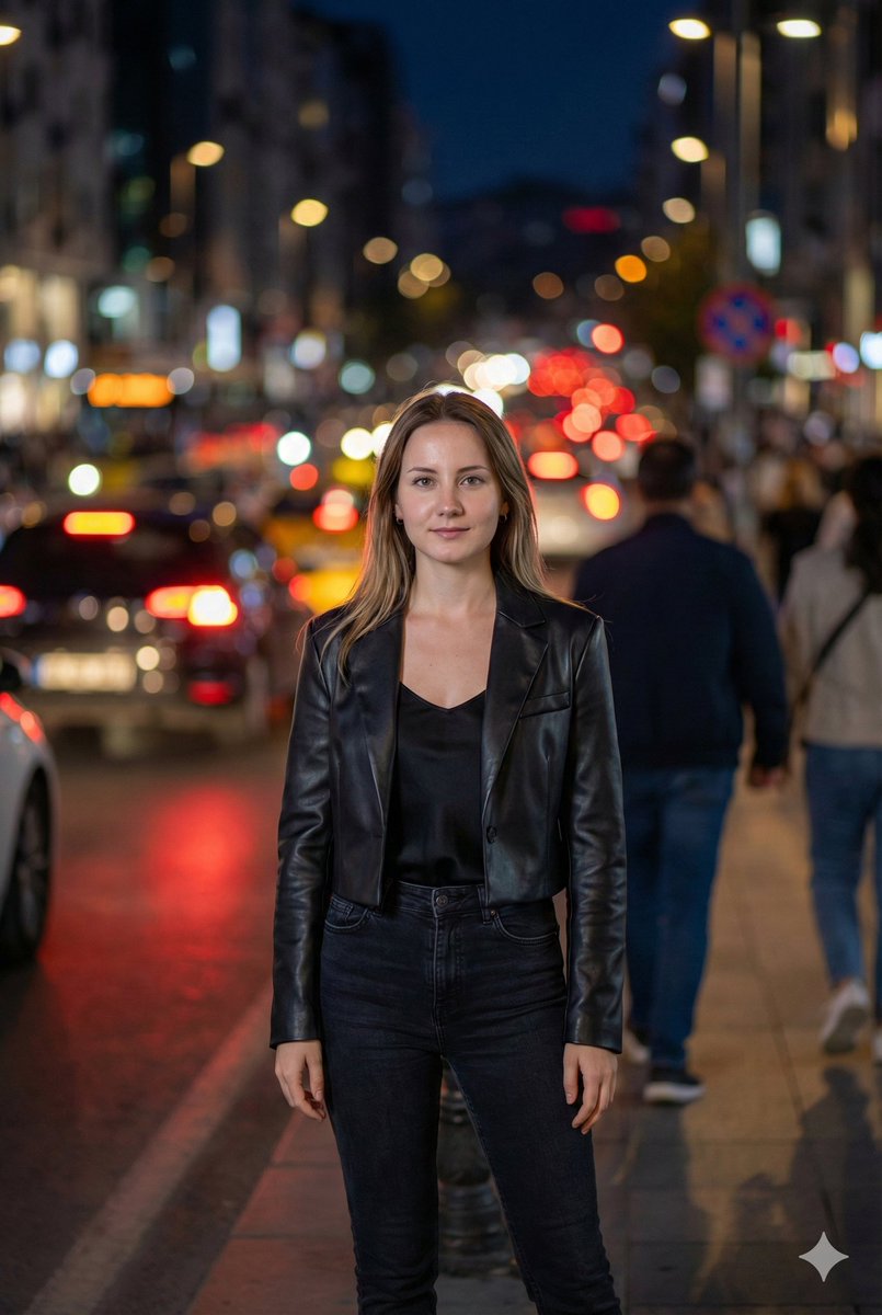 Street Fashion Editorial at Night with Motion Blur — Nano Banana Pro AI Generated Image