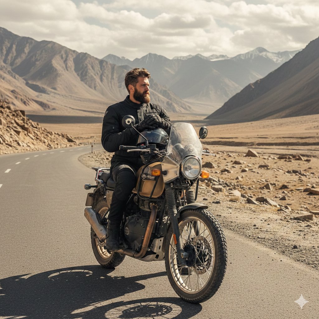 Himalayan Motorcycle Travel Photography — Nano Banana Pro AI Generated Image