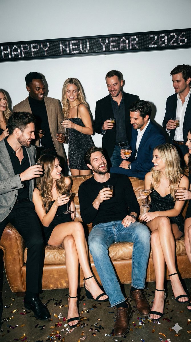 New Year's Eve Flash Photography Group Portrait — Nano Banana Pro AI Generated Image