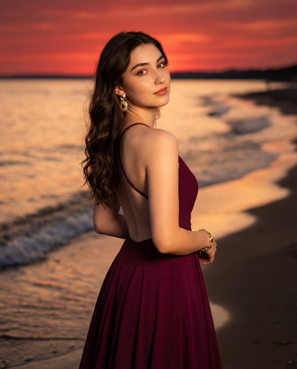 Photorealistic Portrait of a Woman in an Evening Dress at Sunset Beach — Nano Banana Pro AI Generated Image