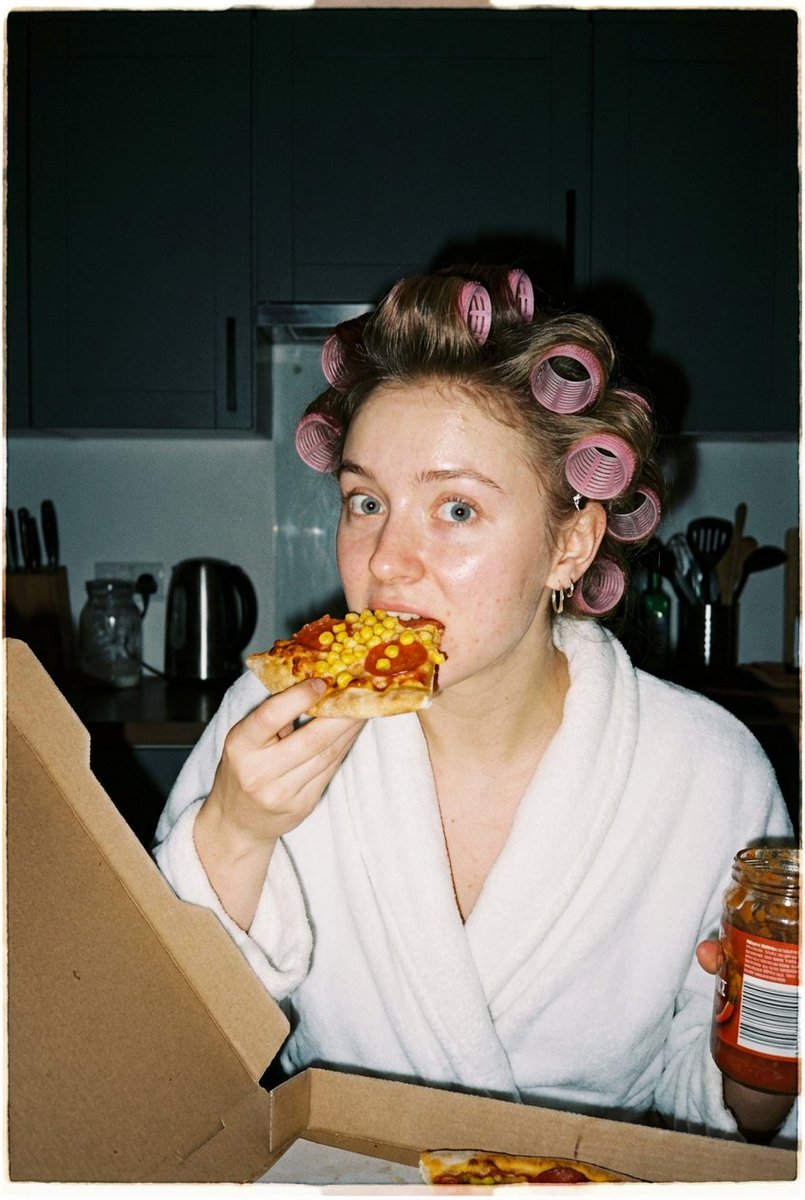 Ultra Photorealistic Candid Flash Portrait of a Woman Eating Pizza — Nano Banana Pro AI Generated Image