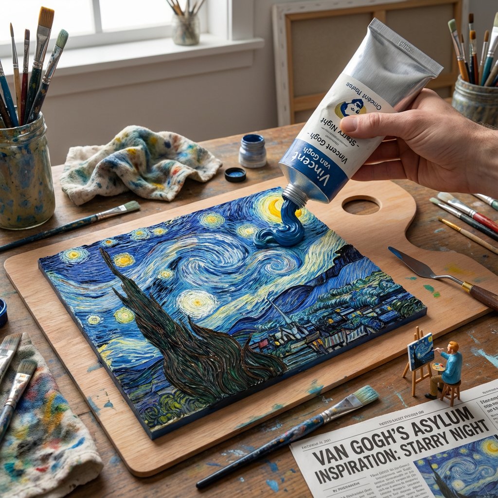 Paint Tube Squeeze: Starry Night in 3D Relief — Nano Banana Pro AI Generated Image